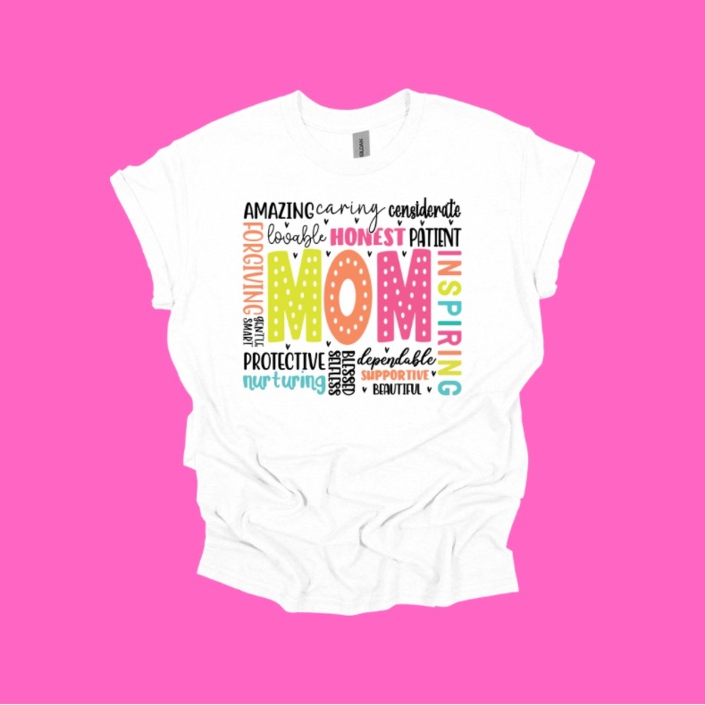 Mothers Day Women Graphic Tee - White with Colorful Print.